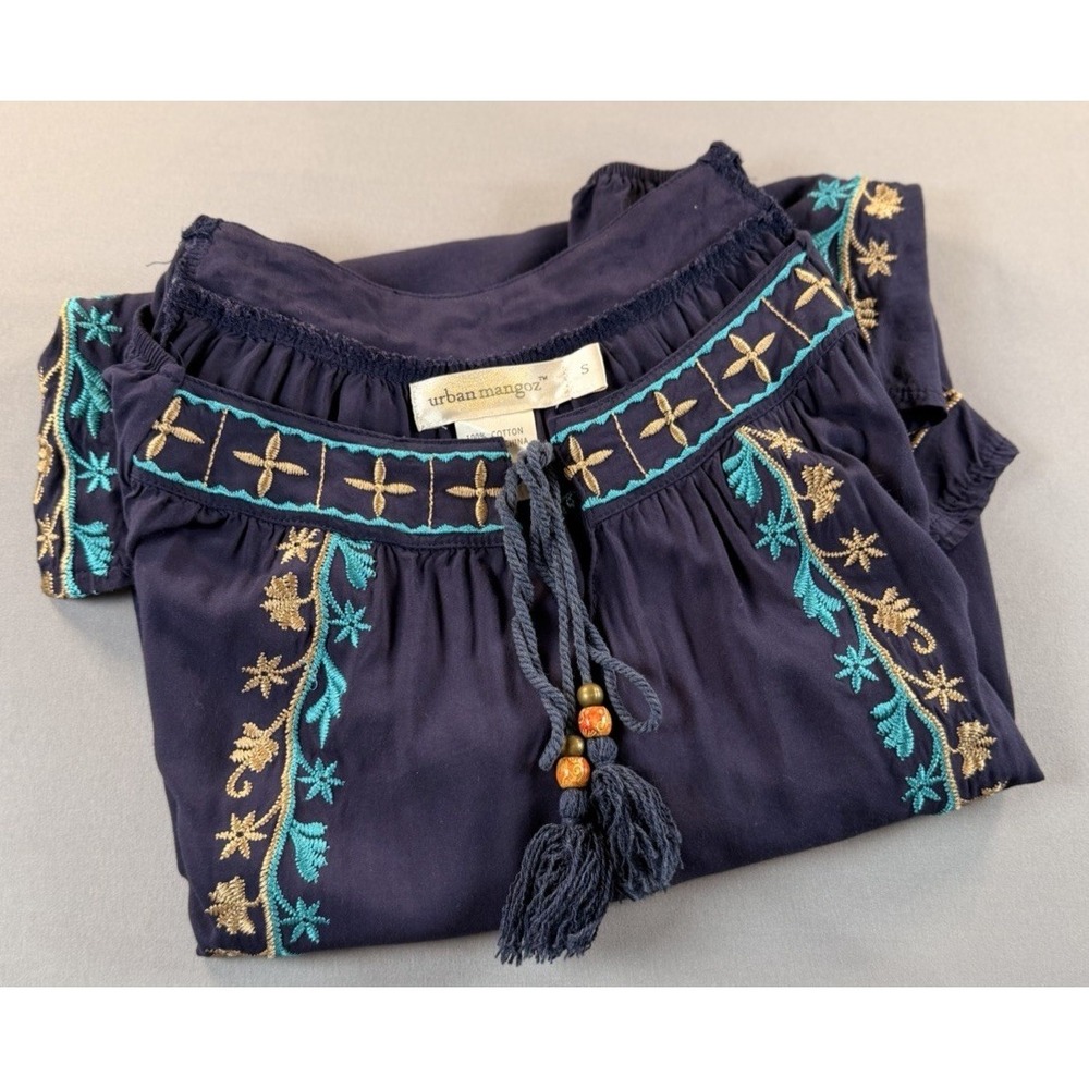 Urban Mangoz Embroidered Boho Peasant Top Navy Blue Tassel Cotton Small